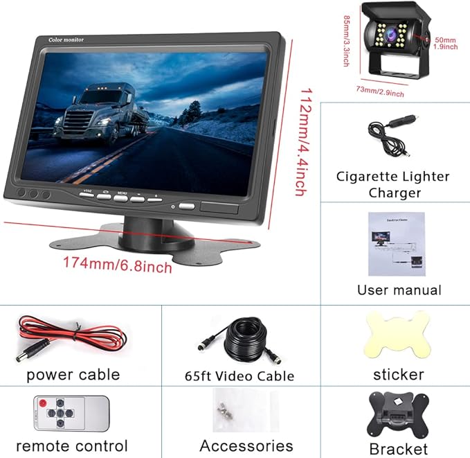 Hikity 7" Backup Camera with Monitor Kit, Waterproof 18 IR LED Night Vision Reverse Camera + Rear View Monitor Vehicle Parking System for RV/Bus/Trailer/Truck (65ft Video Cable+ Cigarette Lighter)