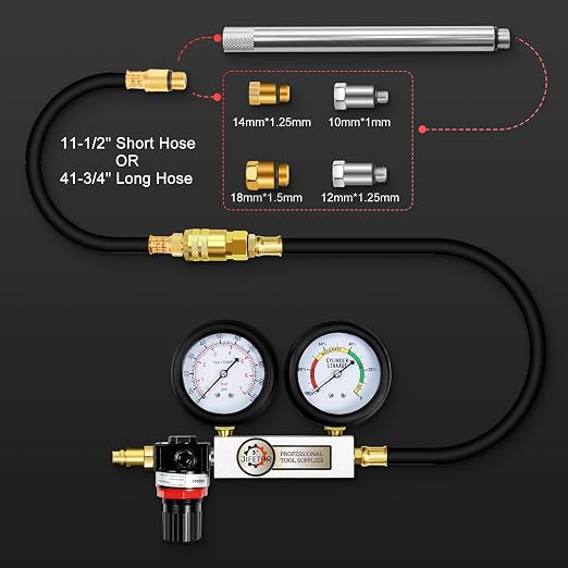 JIFETOR Cylinder Leak Down Tester Kit, Automotive Engine Compression Dual Gauge Leakdown Test Set with 10 12 14 18mm Spark Plugs Universal for Small Engine Motorcycle ATV, Red Case