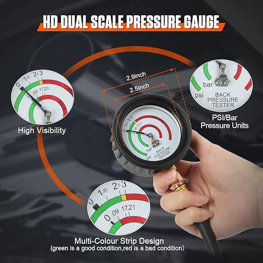 DUOYI Exhaust Back Pressure Tester Kit with 6-Foot Hose,Professional Diagnosis Automotive Exhaust Back Pressure Gauge Kit Shockproof 2.5" HD Gauge,with M12 & M18 Adapter