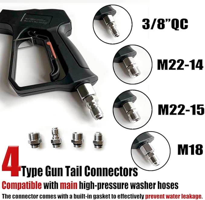 Swivel Pressure Washer Short Gun,Sturdy 5000PSI Power Washer Handle with Replacement Extand Wand Carwash Water Spray Washing Gun and 3/8 Plug & M22-14mm & M22-15mm and 1/4 Adapter 5 nozzles