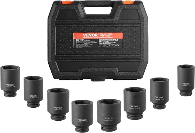 VEVOR Axle Nut Impact Socket Set - 1/2" Drive Deep 6-Point 8-Piece SAE Spindle Nut Socket CR-MO Heat Treated Large Socket Set with Storage Case for Auto Repair, Removing or Installing Axle Nuts