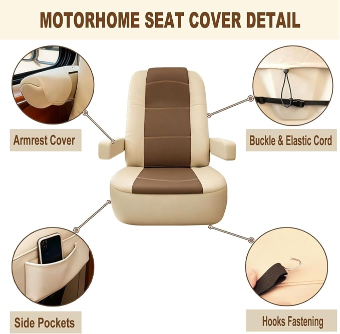 RV Seat Covers (2 Pack) - Nappa Leather RV Captain Chair Seat Covers for Class A RV,Custom Fit Front Driver & Passenger Waterproof Pet-Friendly Motorhome Seat Covers with 4 Armrest Covers