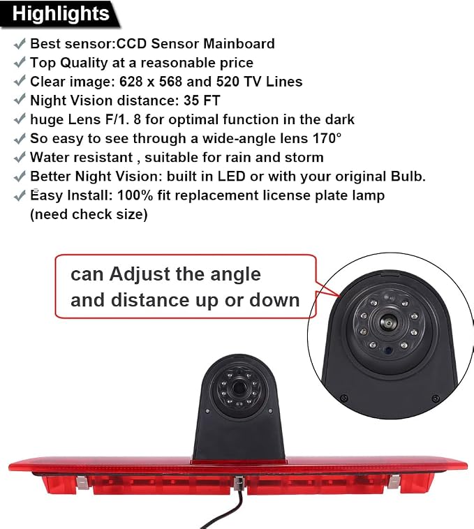 Car Third Roof Top Mount Brake Light 3 Rear View Camera, HD Night Vision Waterproof for Ford Transit tourneo Custom Jumbo Kasten V363 F150 F250 F350 V636 MK8 2012-2020 (with 7-inch Rearview Mirror)