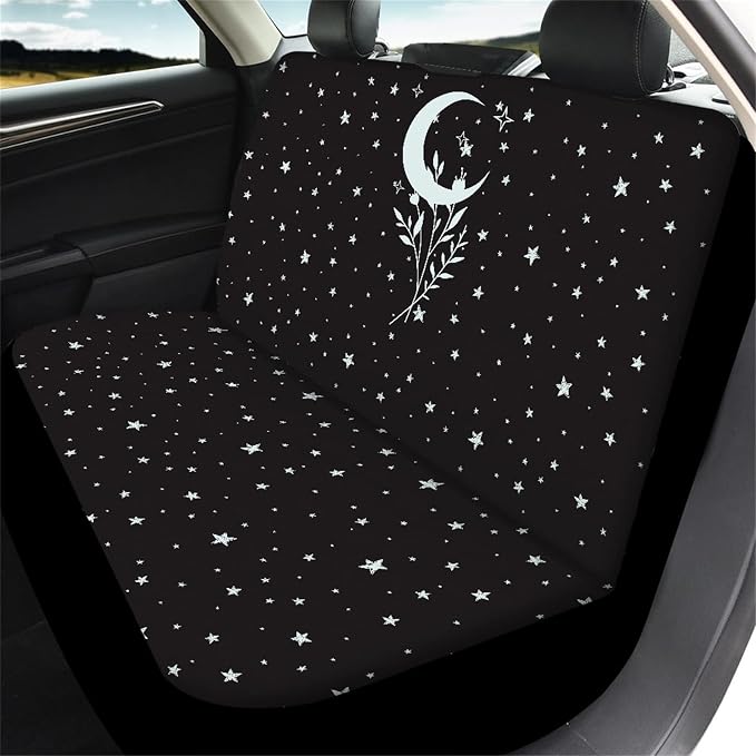 Xoenoiee 11 Pcs Crescent Moon Stars Design Car Accessories Seat Cover Full Set for Women, Steering Wheel Cover, Front & Rear Seat Cover, Seat Belt Pads, Cup Coaster, Key Chains - Universal