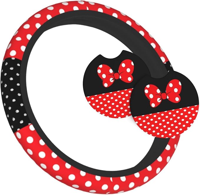 Cute Black Polka Dot Red Bow Car Seat Headrest Cover and Steering Wheel Cover Car Coaster Set