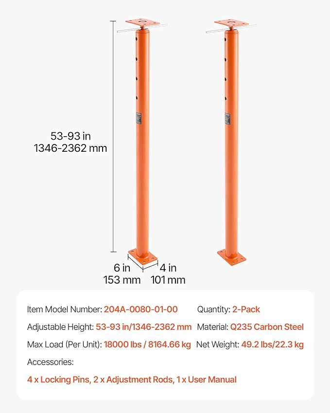 VEVOR House Floor Jacks, 2 Pack 53-93 Inch Height Range, 18000 lbs Max Load Capacity, Adjustable Support Beam Basement Jack Post Pole for Leveling, Lift Steel Telescoping Post for Temporary Support
