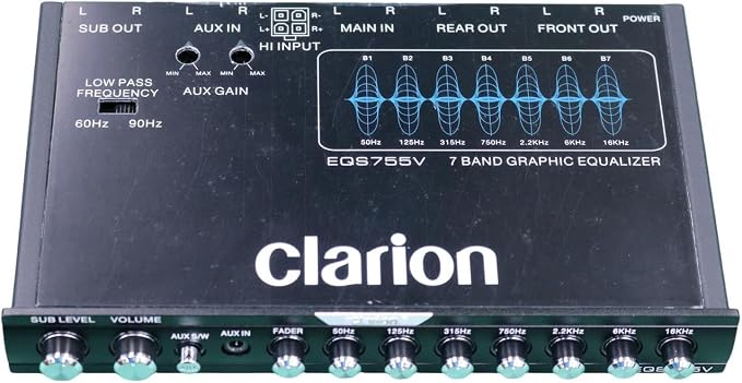 Clarion EQS755V 7-Band Car Audio 1/2-DIN Size Car Graphic Equalizer/Crossover with Front 3.5mm Auxiliary Input, Rear RCA Auxiliary Input and High Level Speaker Inputs