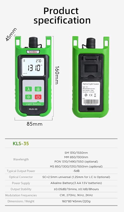 Pocket Sized Optical Single Mode Light Source, Multi Mode, 850/1300/1310/1550nm (KLS-35-MS)