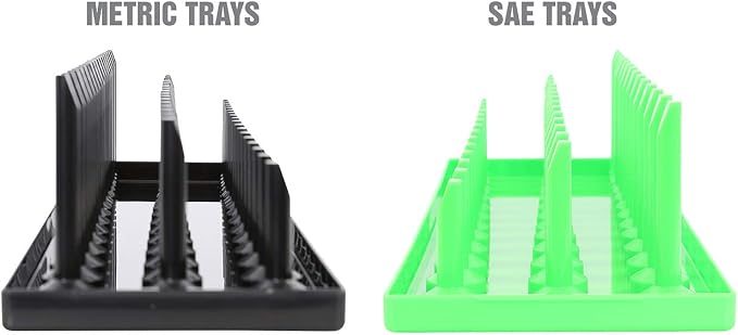 OEMTOOLS 22337 3-Post SAE And Metric Socket Tray Set, 6 Piece, Deep, Shallow, And Impact 3 Row Socket Organizer for Tool Box Drawer, 1/4, 3/8 and 1/2 Inch Drive, SAE And Metric, Black, Green