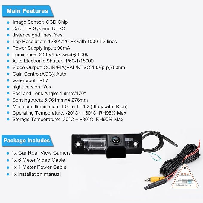 Car Rear View License Plate Reversing Camera Replacement for Porsche 911 Cabriolet 964 993 996 968 Carrera 4S Convertible Coupe GT2 GT3 Turbo Targa Boxster 986 Base S Roadster Convertible