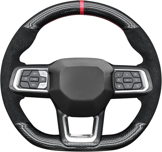 MEWANT Hand Stitch Black Shiny PU Carbon Fiber Cube Embossed Athsuede Steering Wheel Cover Wrap for Ford Mustang 2024