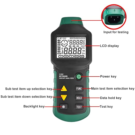 Digital Circuit Analyzer True RMS AC Voltage RCD GFCI, Voltage Drop Electrical Tester Line Fault Test Device with LCD Backlight, Data Hold, US Plug, Storage Bag