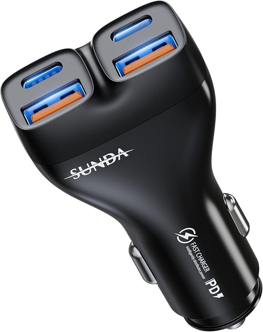 USB C Car Charger, 111W 4 Ports Super Fast Car Charger Adapter, Dual USB-C & USB-A PD30W/QC22.5W Fast Charging Cigarette Lighter for iPhone 17/16/15/14/13, Samsung Galaxy S25 Ultra/S24, Pixel, Android