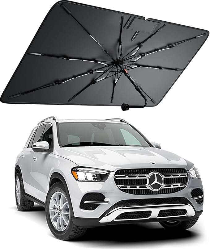 Windshield Sun Shade for Mercedes Benz GLE300/300/350/450/550 2000–2026, Foldable Umbrella Sunshade with 100% UV Block, Multi-Layer Heat Insulation, Reinforced 10-Rib Frame, Keeps Car Cooler