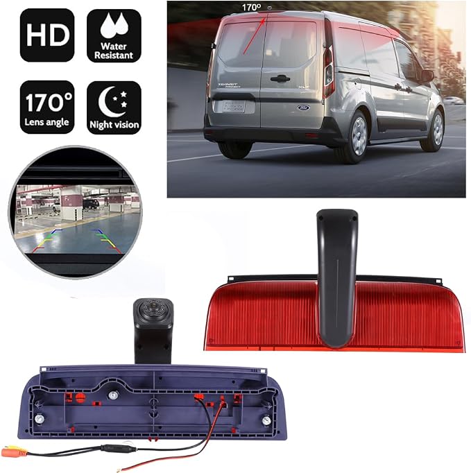 Car Third Roof Top Mount Brake Lamp Light Rear View Reverse Parking Camera,Replacement for Van Ford Transit Connect 2 II/XL Cargo Titanium Passenger Wagon 2014-2022 (with 4.3 inch Monitor)