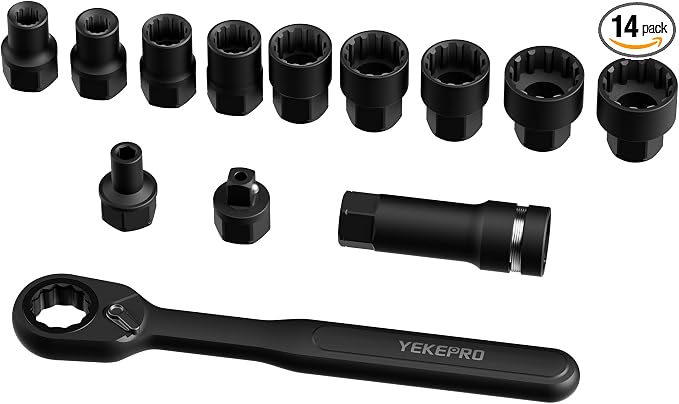 14-Piece 3/8" SAE Pass-Through Socket Set with Reversible Ratchet, Non-Slip Extractor Sockets for Damaged & Stubborn Fasteners