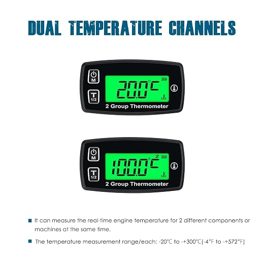 Runleader Digital LCD Engine Temp Gauge,Dual Temperature Record,Backlight Display,User Shutdown,Battery & External Power Supply for Generator Motorcycle Dirtbike ATV Outboard Motor Marine