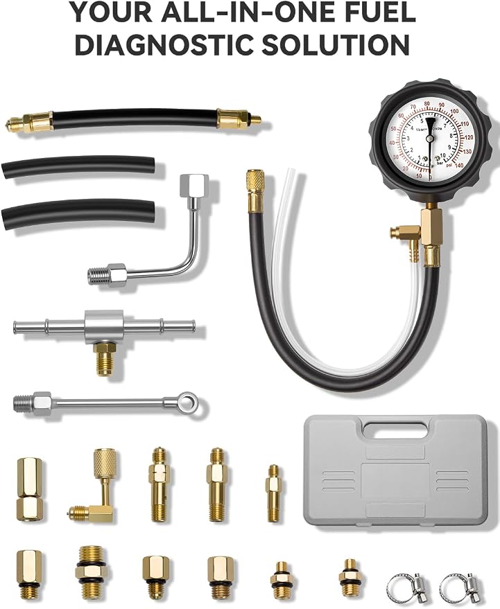 AUTOWN Fuel Pressure Tester Kit 0-140PSI with Adapters for Cars, Trucks, ATVs, Fuel Pump Injector, Fuel Pressure Gauge Diagnostic Tool