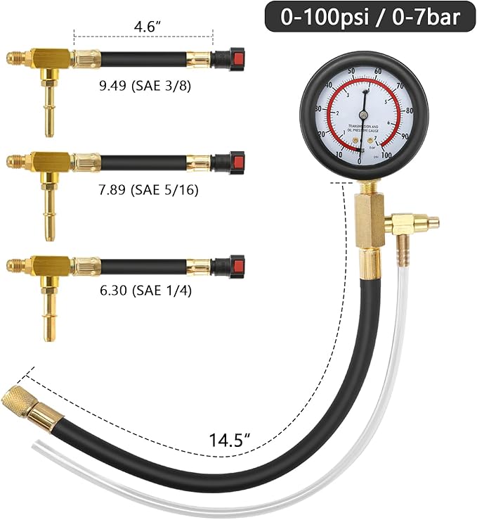 BETOOLL Fuel Pressure Test Kit 0-100PSI with 9.49,7.89,6.30 Fuel Line Fittings
