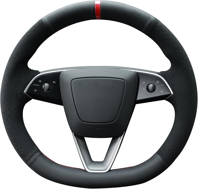 MEWANT Hand Stitch Real Leather Embossed Athsuede Steering Wheel Cover for Tesla Model 3 Highland 2025 Model Y Juniper