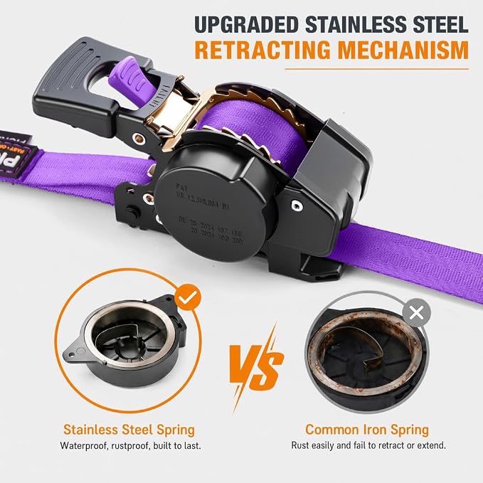 Retractable Ratchet Straps (4-Pack) - 1 Inch x 10 Feet (1,764lb Break Strength) - Heavy Duty Auto Self Retracting Tie Down Straps for Truck, Cargo Trailer, Motorcycle, ATV, UTV – Purple