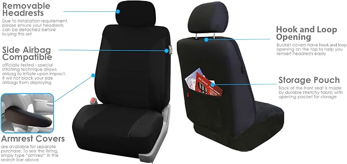 FH Group 3 Row 7 Seater Classic Khaki Set Car Seat Covers, Airbag and Split Rear Car Seat Cover, Universal Fit, Cars Trucks and SUV Car Accessories, Black