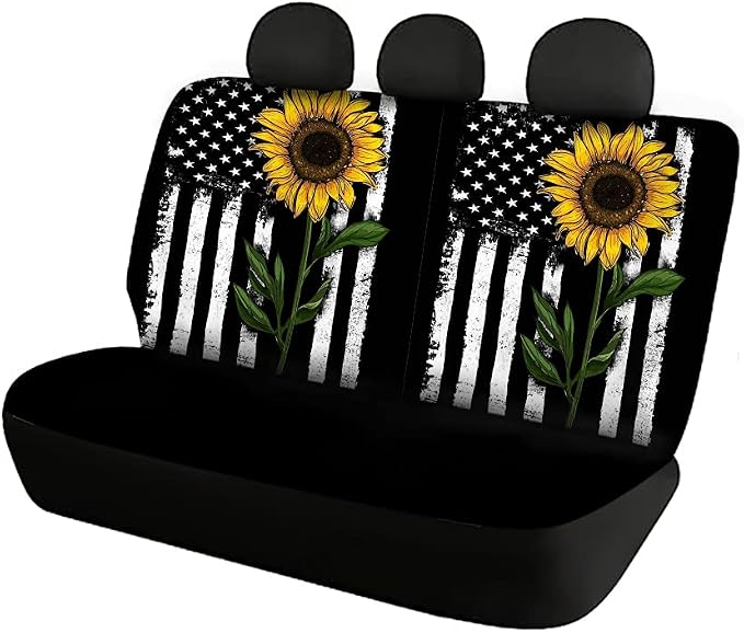 POLERO American Flag Sunflower Car Seat Covers Set with Universal Steering Wheel Cover, Seatbelt Pads, Cup Holder Coasters, Keychain Organizer, 11pcs Auto Accessories