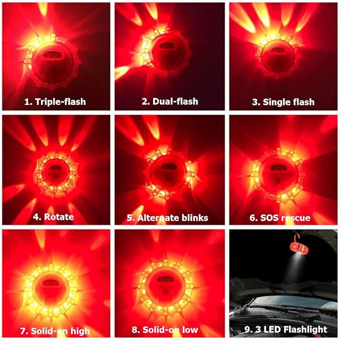Ecoangel USB Rechargeable LED Road Flares Emergency Lights-Roadside Warning Car Safety Beacon Flashing Disc Flare Kit with Magnetic Base for Vehicles & Boat | 12 Beacon Disc Pack