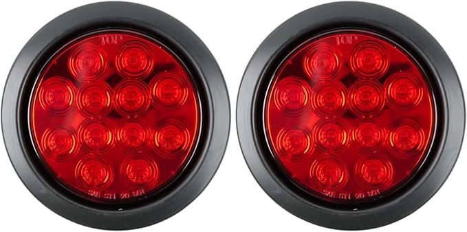 fouwick 4.2 Inch Round Red LED Trailer Tail Lights, 12-LED Waterproof IP65 Stop Turn Brake Light, 12V Flush Mount Trailer Lights LED Kit for Truck, Boat, RV, Marine (2 Pack)