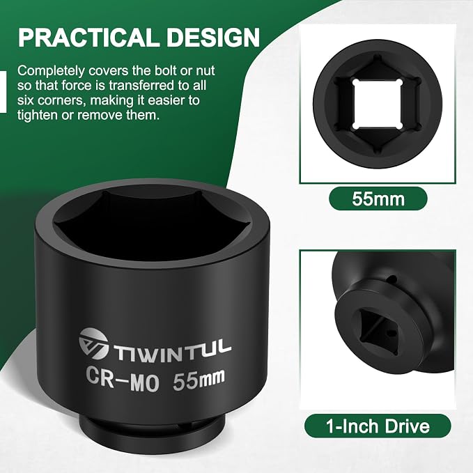 55mm Impact Socket 1-Inch Drive for European Truck & Vehicle | 6 Point Design,CR-MO Metric Socket for High Torque Impact Wrench, Large Socket for Mining, Industrial & Infrastructure Work