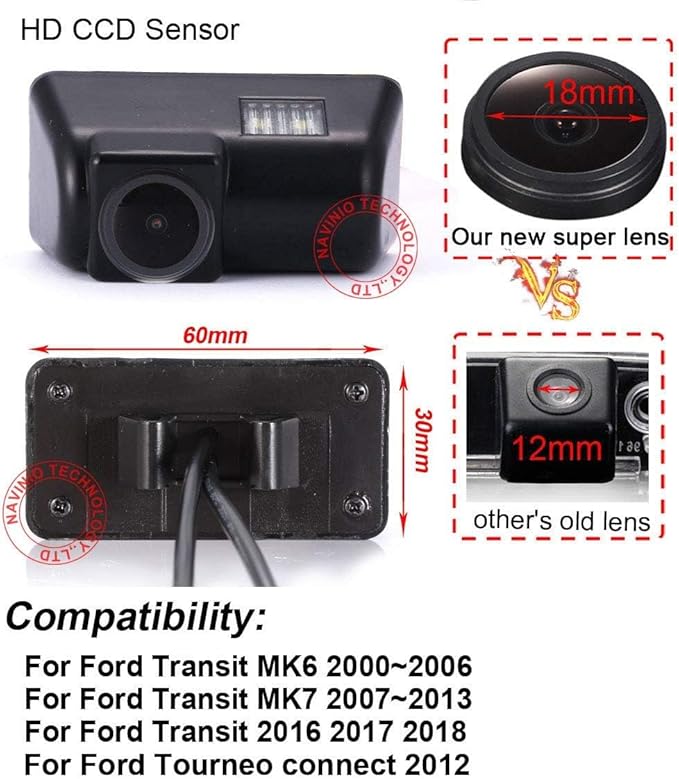 HD 1280x720 Pixels 1000 TV Lines License Plate Light Reverse Rear View Camera Parking Aid replacement for Ford Transit MK6(2000-2006) Ford MK7(2007-2013) Tourneo Connect 2012