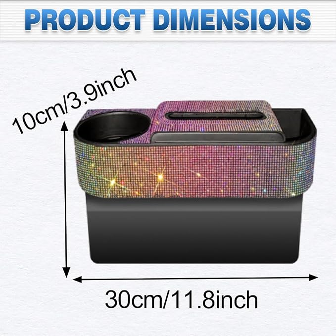Auto Gap Filler Multifunctional Car Seat Organizer, Multi-Function Tissue Storage Box w/Cup Holder, Auto Console Side Storage Box, Multicolor Rhinestone - Multicolor