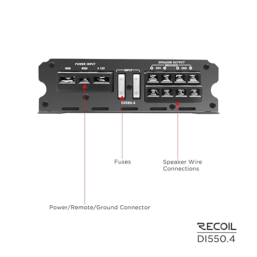 Recoil DI550.4 Full-Range Class-D 4-Channel Car Audio Amplifier, 1,040 Watts Max Power, 2-4 Ohm Stable, Mosfet Power Supply, Bridgeable