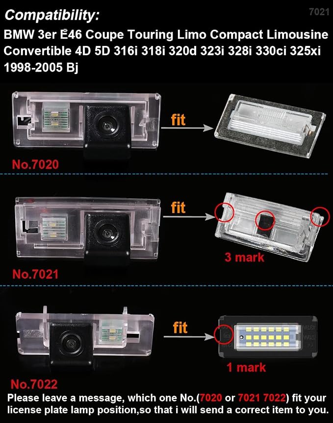 Waterproof License Plate Rear View Backup Camera,Night Vision Reversing Camera Replacement for BMW 3er E46 316i 318d 318i 320d 320i 323i 325i 325xi 328i 330d 330i 330xd 330xi 316Ti(No.7021)