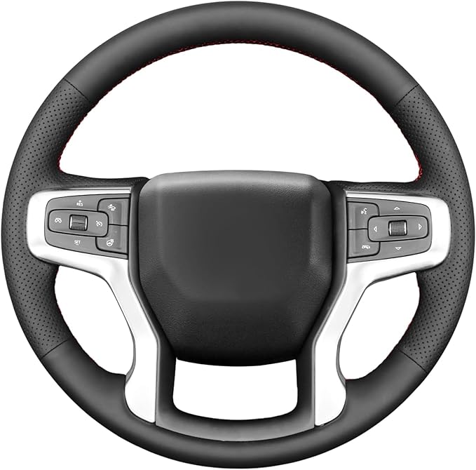 Leather Carbon Fiber Steering Wheel Cover for Chevrolet Blazer Silverado (1500) 2019-2025 / Silverado (2500/3500) 2020-2025/ Suburban Tahoe 2021-2024 Custom Stitched Interior Accessories