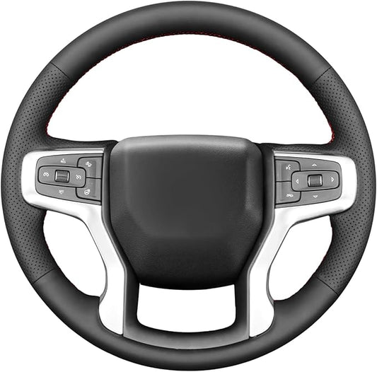 Leather Carbon Fiber Steering Wheel Cover for Chevrolet Blazer Silverado (1500) 2019-2025 / Silverado (2500/3500) 2020-2025/ Suburban Tahoe 2021-2024 Custom Stitched Interior Accessories