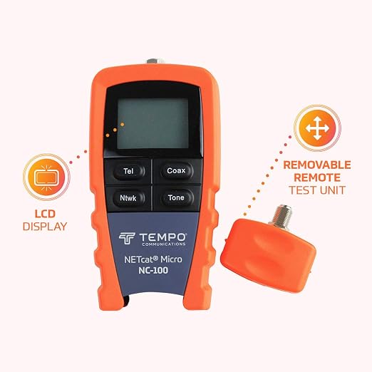 TEMPO NC-100 NETcat Micro Wiring Test Tool, Ethernet Coax Testing, Digital Cable Tester for Voice, Data, Video, Coax, Ethernet (NC-100)