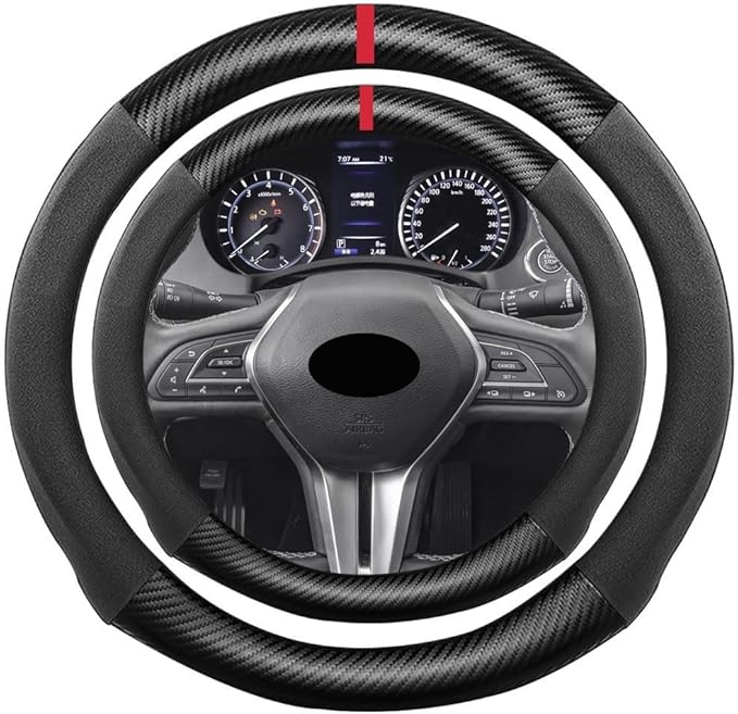 Suede Carbon Fiber Steering Wheel Cover, Compatible with Infiniti Q50 Q60 QX50 QX55 Q70 QX30 QX70 15 inch Soft SuedeTouch Leather Sport Non-Slip Automotive Interior Accessories