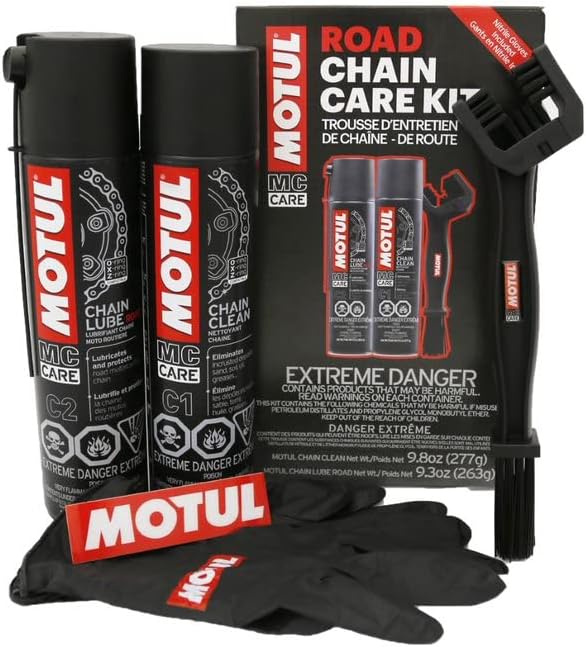 Motul Motorcycle Chain Care Bundle – C5 Chain Paste + C1 Chain Cleaner & C2 Chain Lube Kit w/Brush & Gloves Road Motorcycle Maintenance Kit