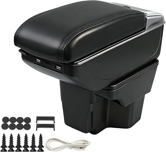 Armrest Box Compatible with Kia Rio 2012 2013 2014 2015 2016, Double Layer Black Leathe Center Console Organizer with 7 USB Ports, Adjustable Armrest Pad, Cup Holder,Ashtray(Black Thread)