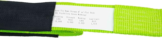 Mytee Products 4 Pack 2" x 96" Car Tie Down Straps for Trailer with Flat Hook - 3333 LB WLL Green High Viz Lasso Style Tire Straps with Ratchets