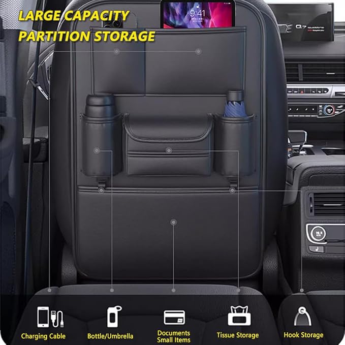 Tumecos Car Backseat Storage Bag,Seat Back Organizer with Tissue Box,Multifunctional Kick Mat,Backseat Protector Cover Pad,Large Capacity Seat Back Storage Hanging Bag(Style A)