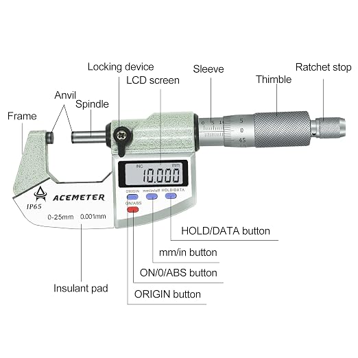 Digital Micrometer Precision Professional 0-1" (0-25mm) Range, 0.00005" (0.001mm) Resolution,Large Screen Digital Micrometer, Meets IP65 Specifications with Standard Ratchet Stop