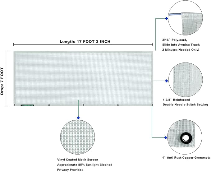 leaveshade RV Awning Sun Shade Screen 7' X 17' 3'' (Fit for 18' Awning) Mesh Sunshade Block Patio Front UV Glare Motorhome Camping Trailer Awning Shadescreen Canopy Sunscreen - 3 Year Warranty (Gray)