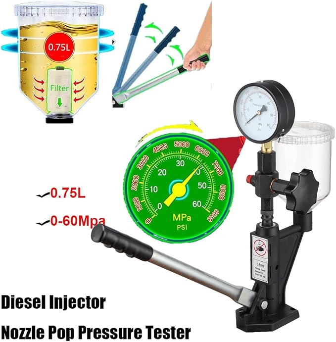 600Bar Diesel Injector Tester 8700PSI Diesel Fuel Injector Nozzle Tester with Dual Scale Gauge to Adjust Injector Nozzle Pressure and Testing Diesel Injector Nozzle Pop Pressure Tester