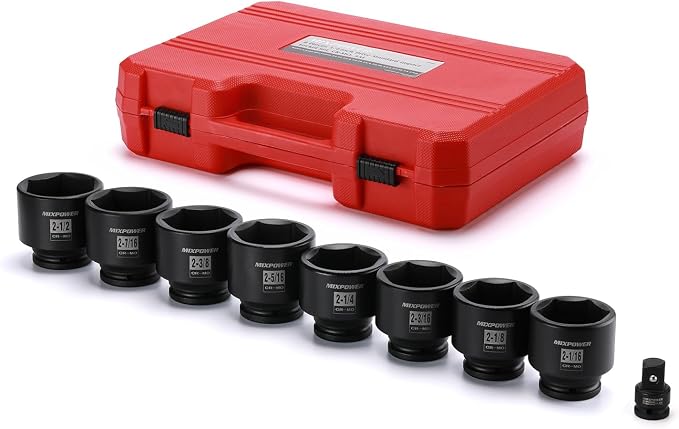 MIXPOWER 9 Pieces 3/4-Inch Drive Impact Socket Set, CR-MO, 6 Point, SAE, 2-1/16" to 2-1/2", 9 PCS Jumbo Sockets, 3/4" Drive Standard Impact Socket Set