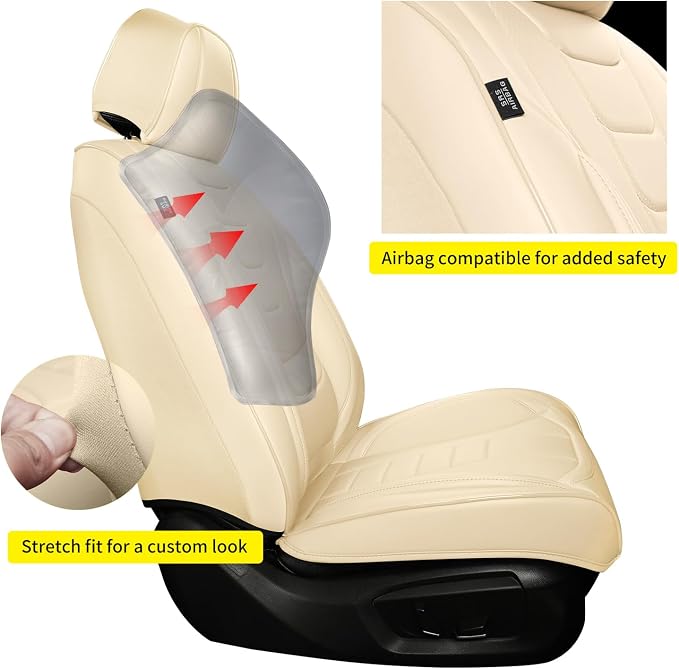 Car Seat Covers for Full Set – Waterproof & Breathable Faux Nappa Leather, 360° Wrap Design, Airbag Compatible, Lumbar Support, Perfect for Drivers Who Sweat-Breathable Design. – Beige