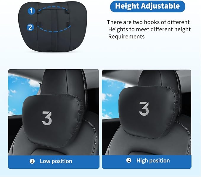 Nappa Leather Car Neck Pillow for Tesla Model Y Model 3 Juniper/Highland Headrest Pillow Memory Foam Ergonomic Design Breathable Height Adjustable Accessories (Black-2 pcs-3)