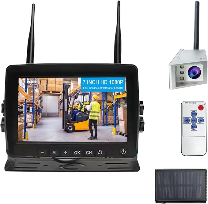 Magnetic Forklift Wireless Backup Cameras with 7 inch Screen Monitor Stable Digital Signal Back Up Camera Wireless with Rear View Camera and Battery Solar Charging