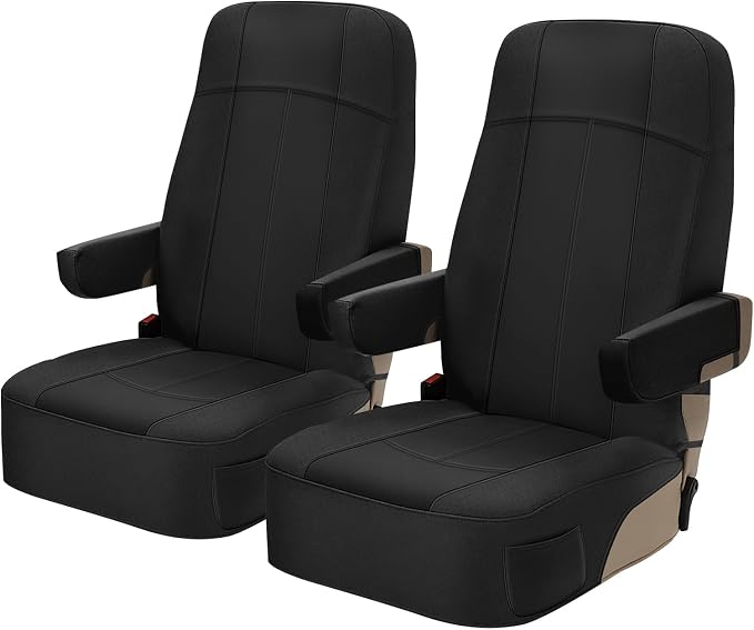 RV Seat Covers Compatible with Motorhome Captain Chairs, Driver & Passenger Leather and Neoprene Fabric Seat Covers,All Black